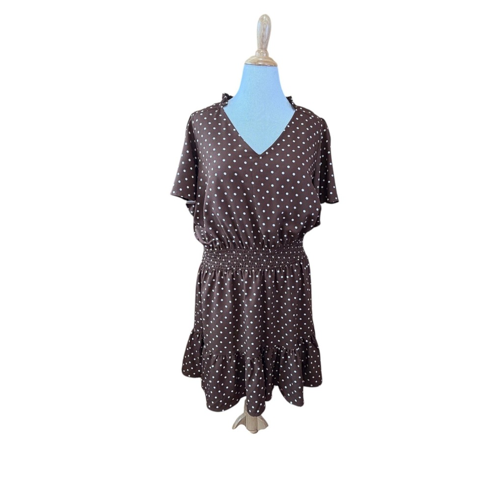 Draper James Brown Polka Dot V-Neck Smocked Waist Ruffle Mini Dress 1X Cottage